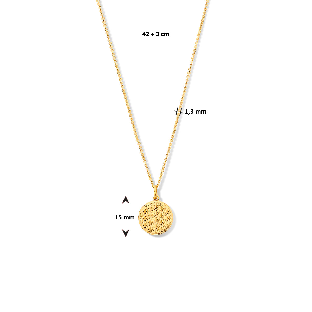 collier rondje gediamanteerd 42 + 3 cm zilver verguld (geel)