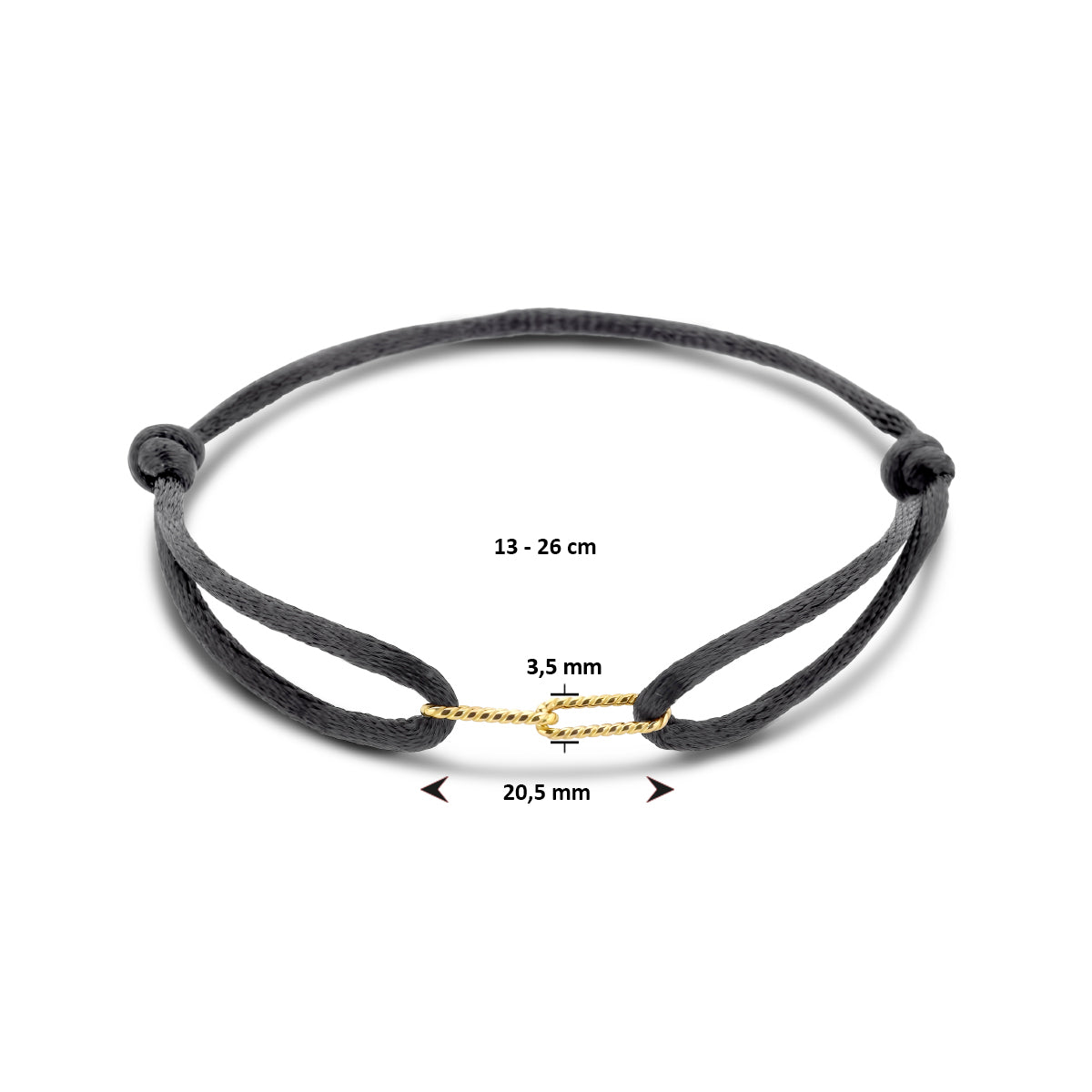 armband satijn zwart 13 - 26 cm 14K goud met rubber/nylon/leer