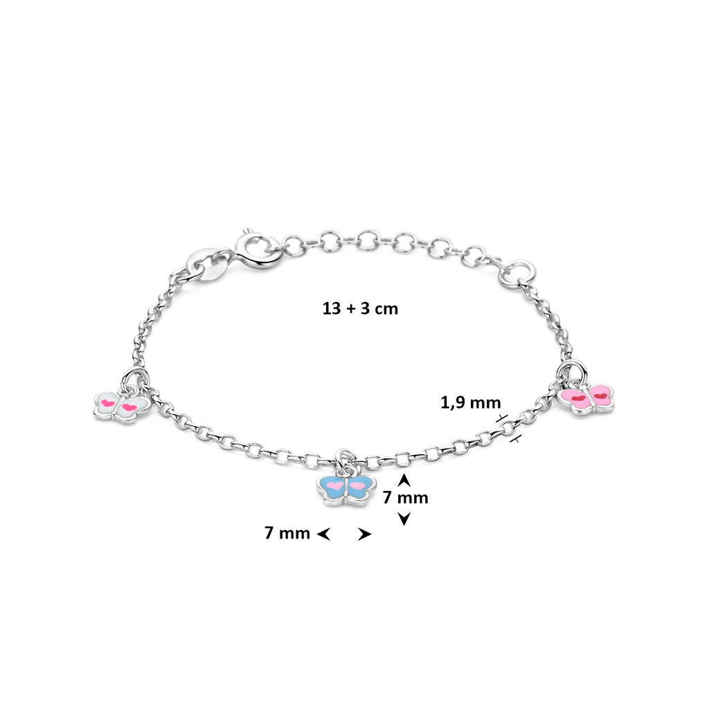 armband vlinder emaille 13 + 3 cm zilver gerhodineerd