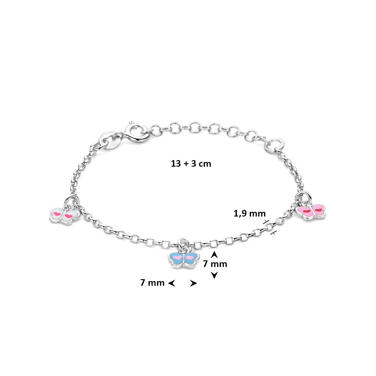 armband vlinder emaille 13 + 3 cm zilver gerhodineerd