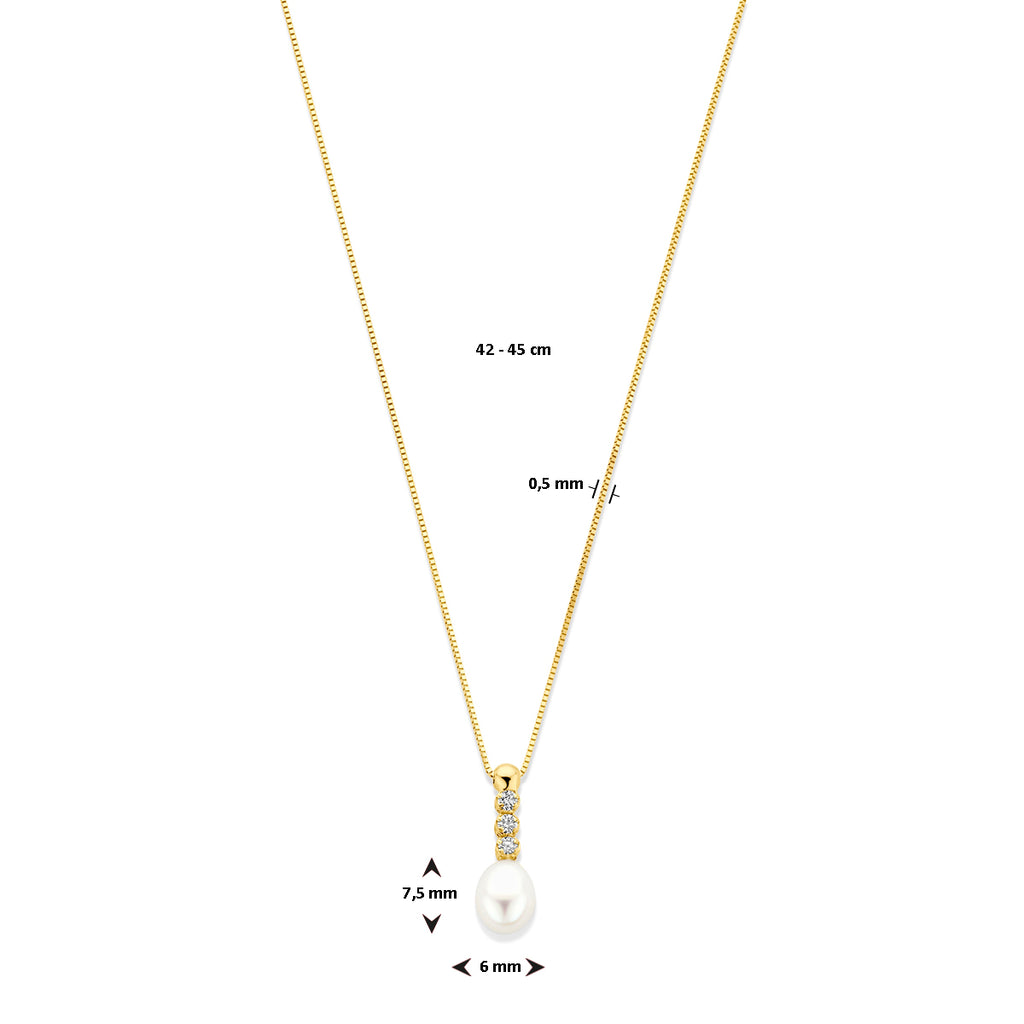 collier zirkonia en parel 42 - 45 cm 14K geelgoud