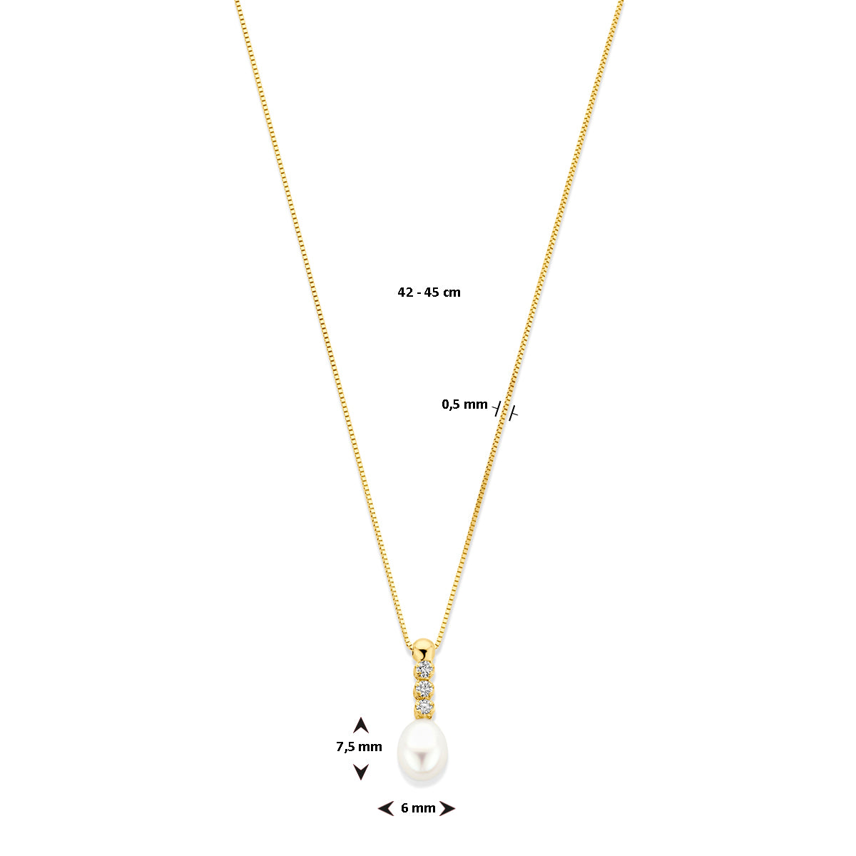 collier zirkonia en parel 42 - 45 cm 14K geelgoud
