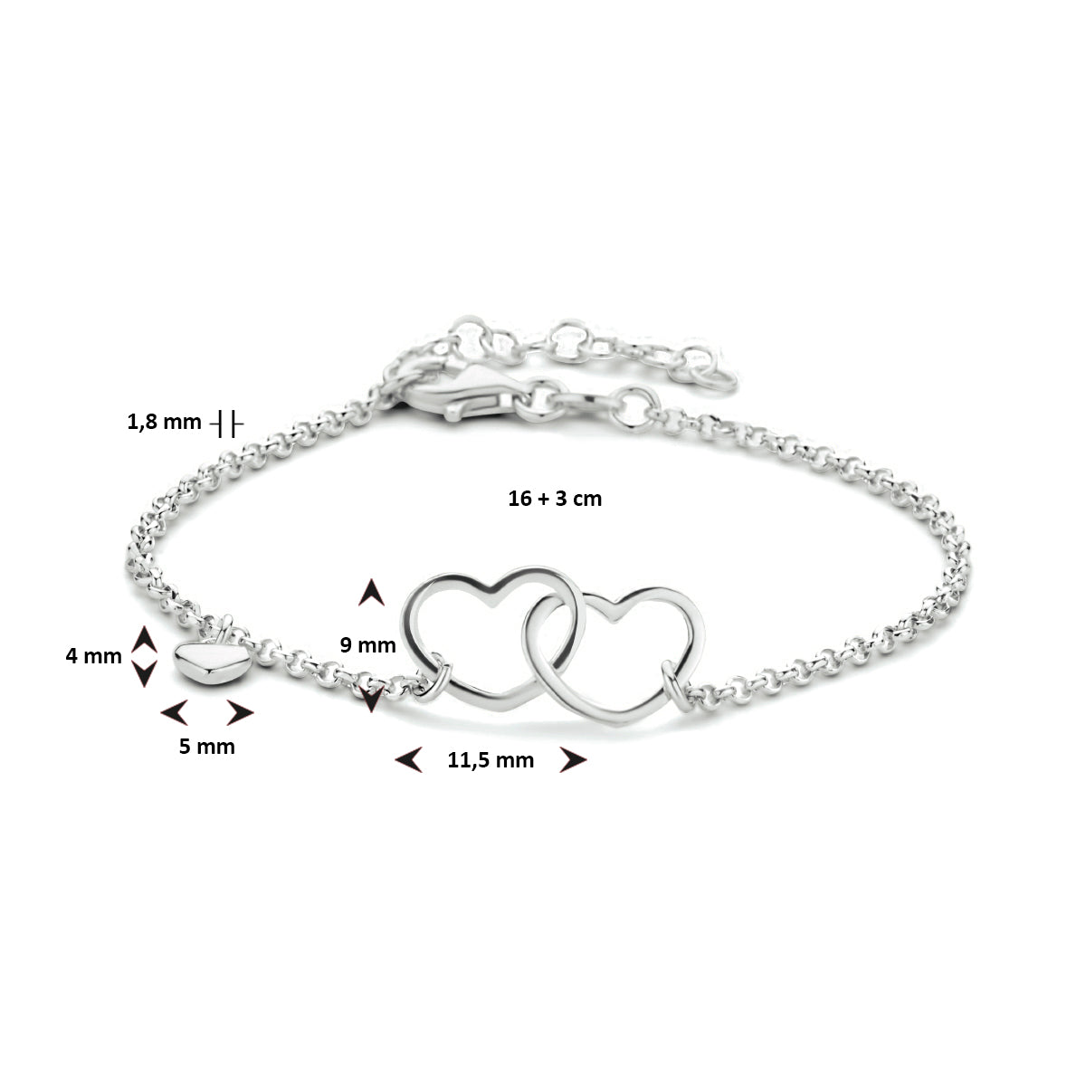 Armband Herzen 16 + 3 cm Silber rhodiniert