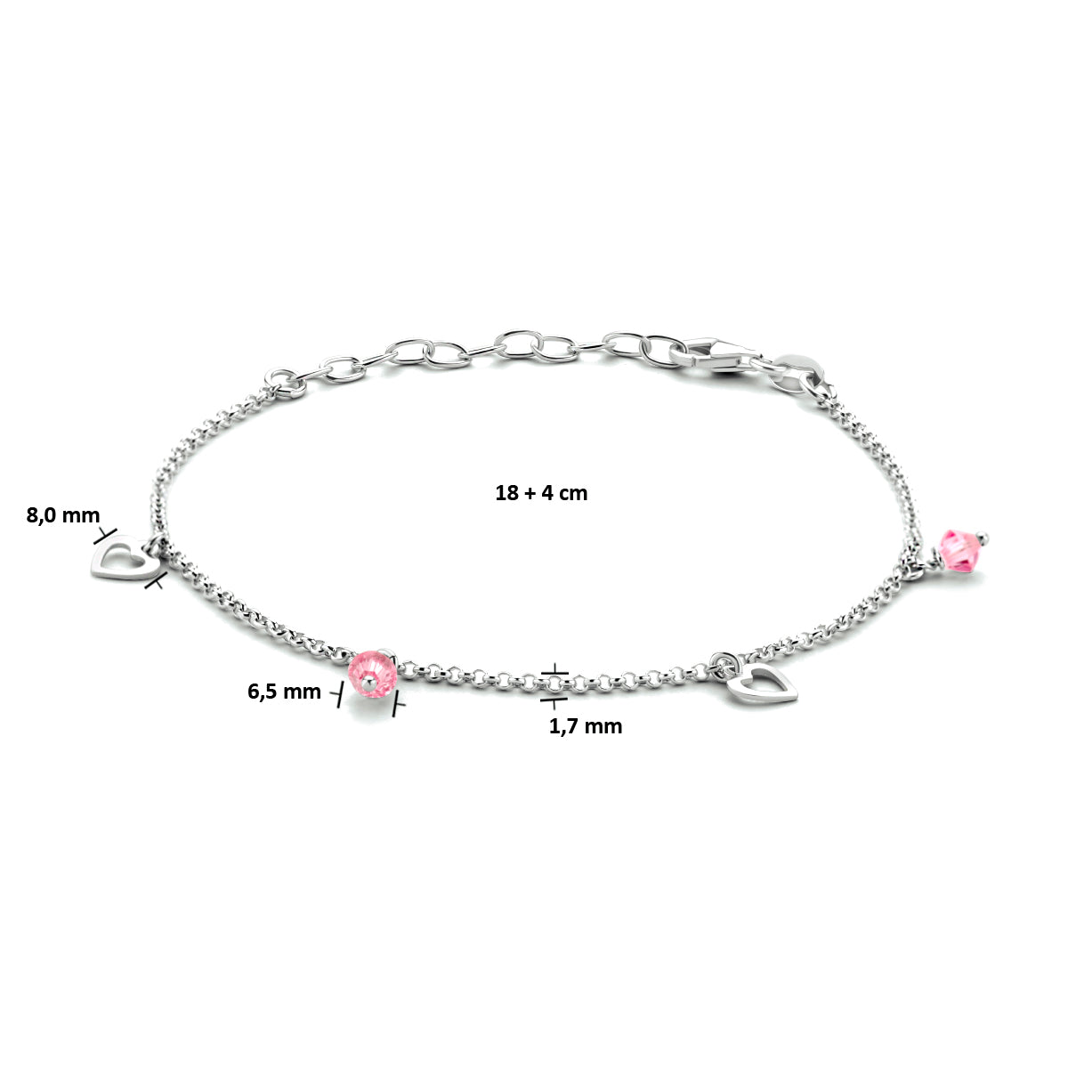 Fußkettchen Herzen 18 + 4 cm Silber rhodiniert