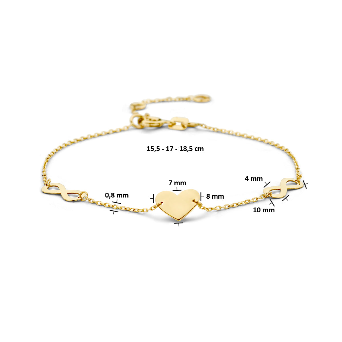 armband hart en infinity 15,5 - 17 - 18,5 cm 14K geelgoud
