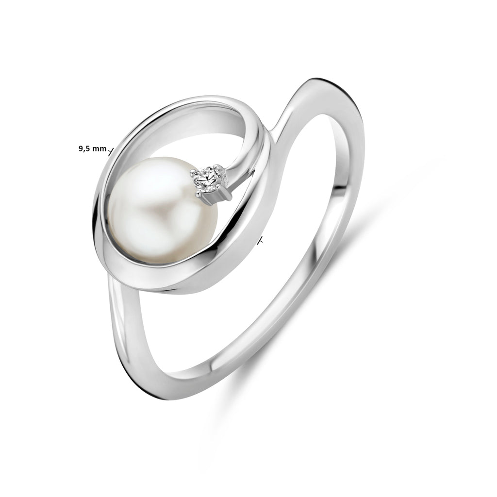 Ring oval Perle und Zirkonia 9,5 mm Silber rhodiniert