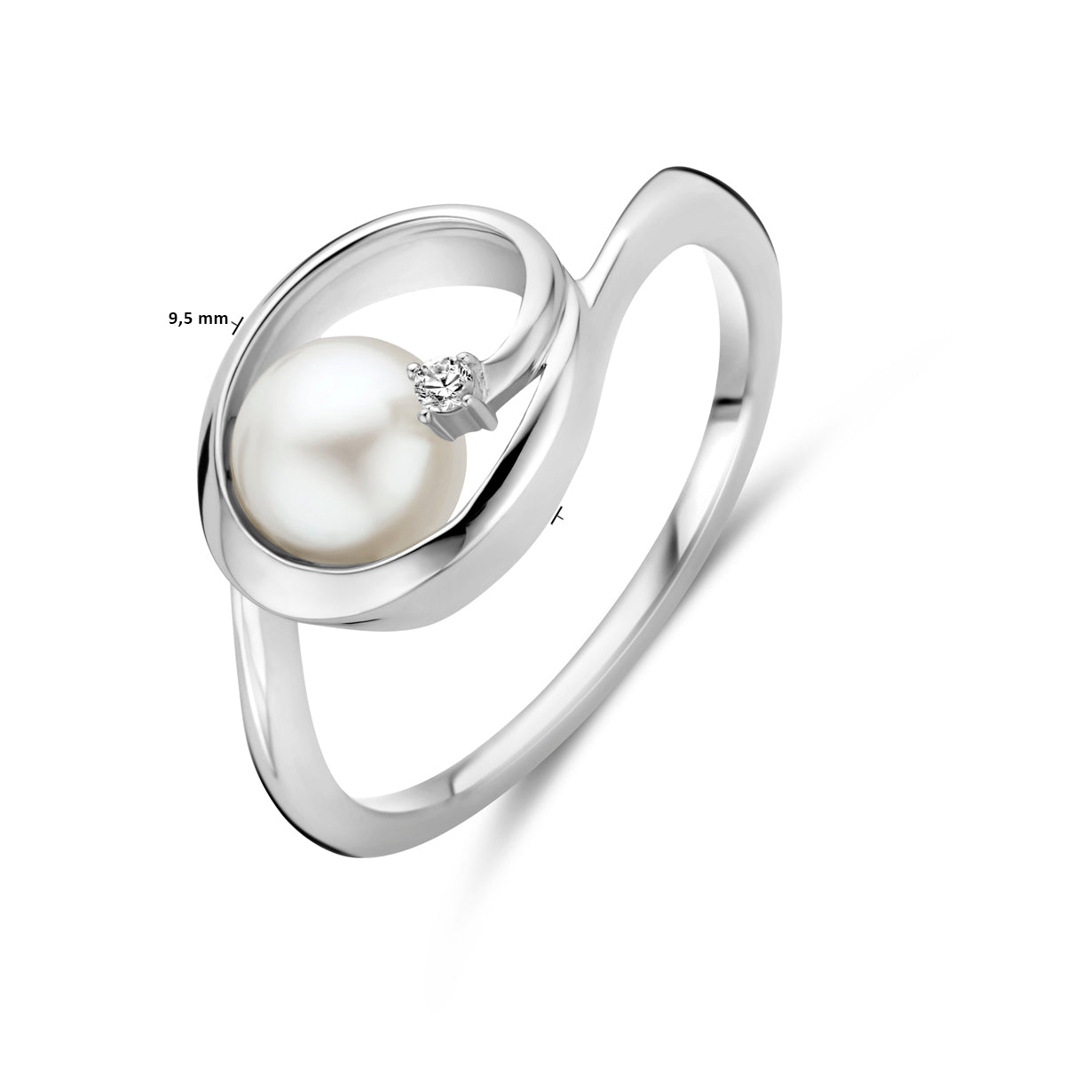Ring oval Perle und Zirkonia 9,5 mm Silber rhodiniert