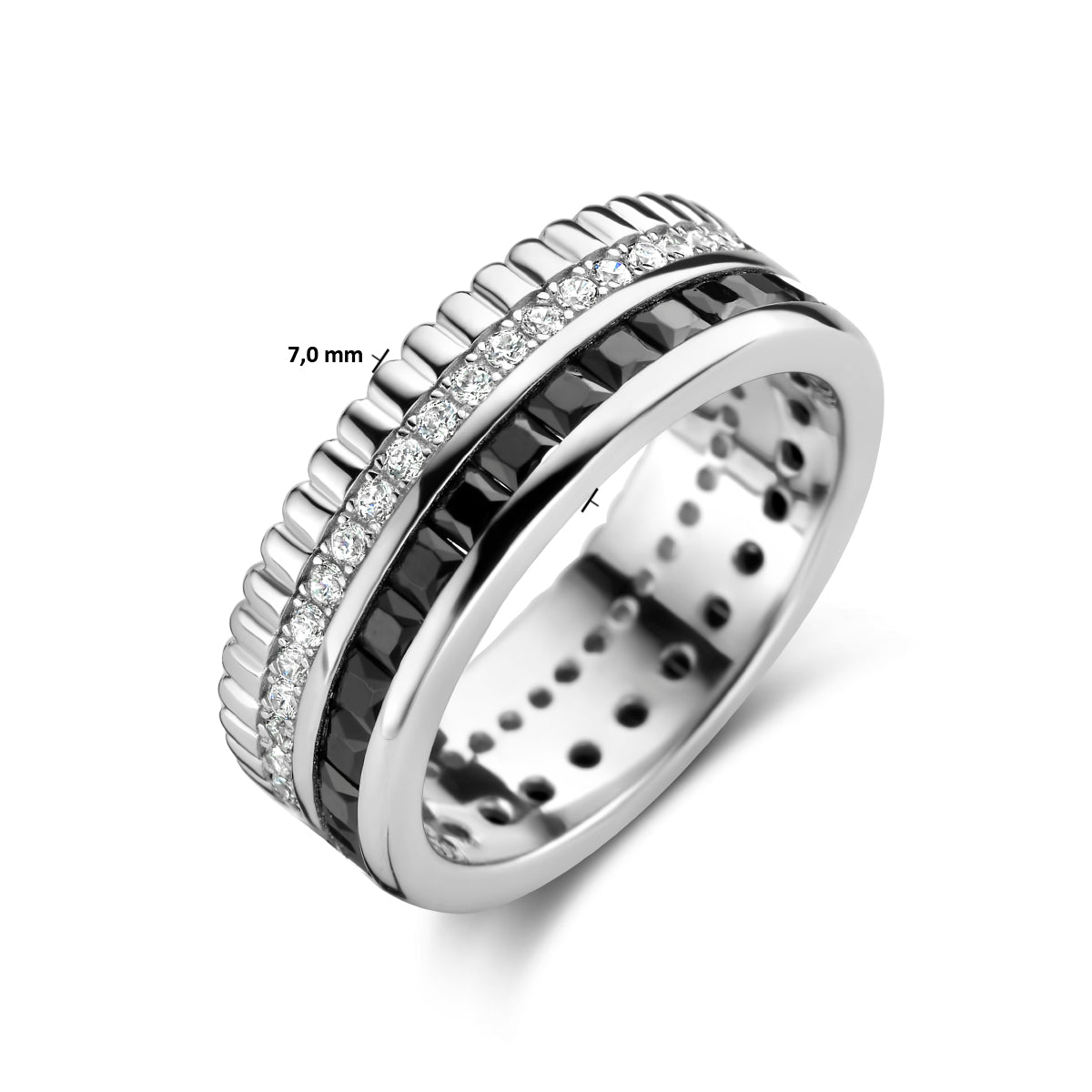 Ring aus schwarzem und weißem Zirkonia, Silber rhodiniert