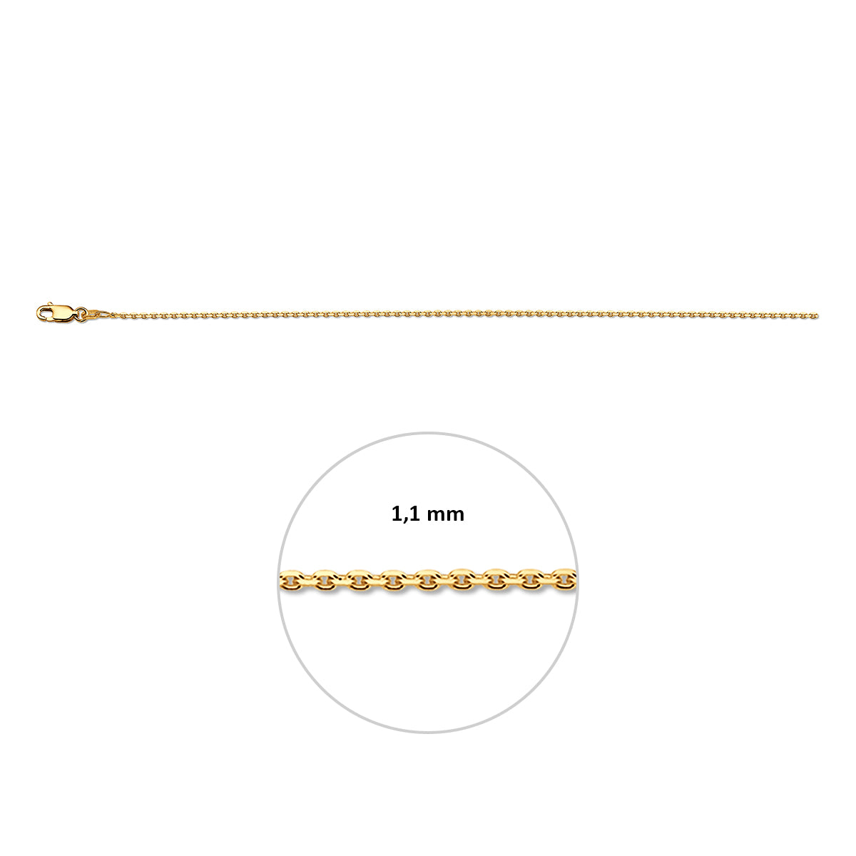 Ankerkette diamantgeschliffen 1,1 mm 3 Mikron vergoldet (gelb)