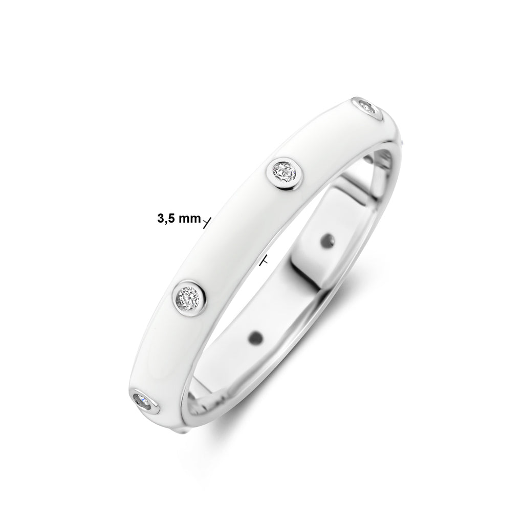 Ring weiße Emaille und Zirkonia, Silber rhodiniert