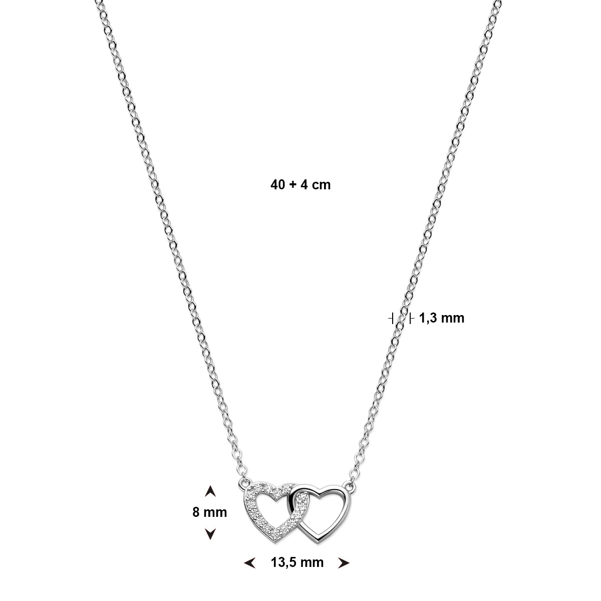 Halskette Herzen Zirkonia 40 + 4 cm Silber rhodiniert