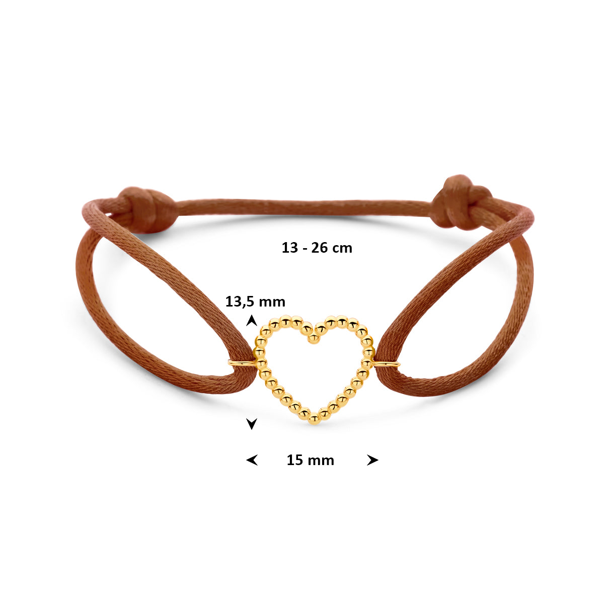 Armband braun Satin Herzchen 13 - 26 cm 14K Gold mit Gummi/Nylon/Leder