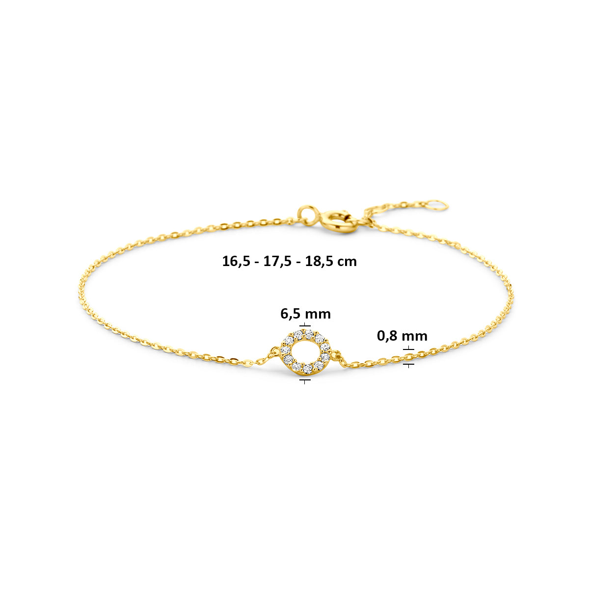 9k armband rondjes zirkonia 16,5 - 17,5 - 18,5 cm 9K geel - rond