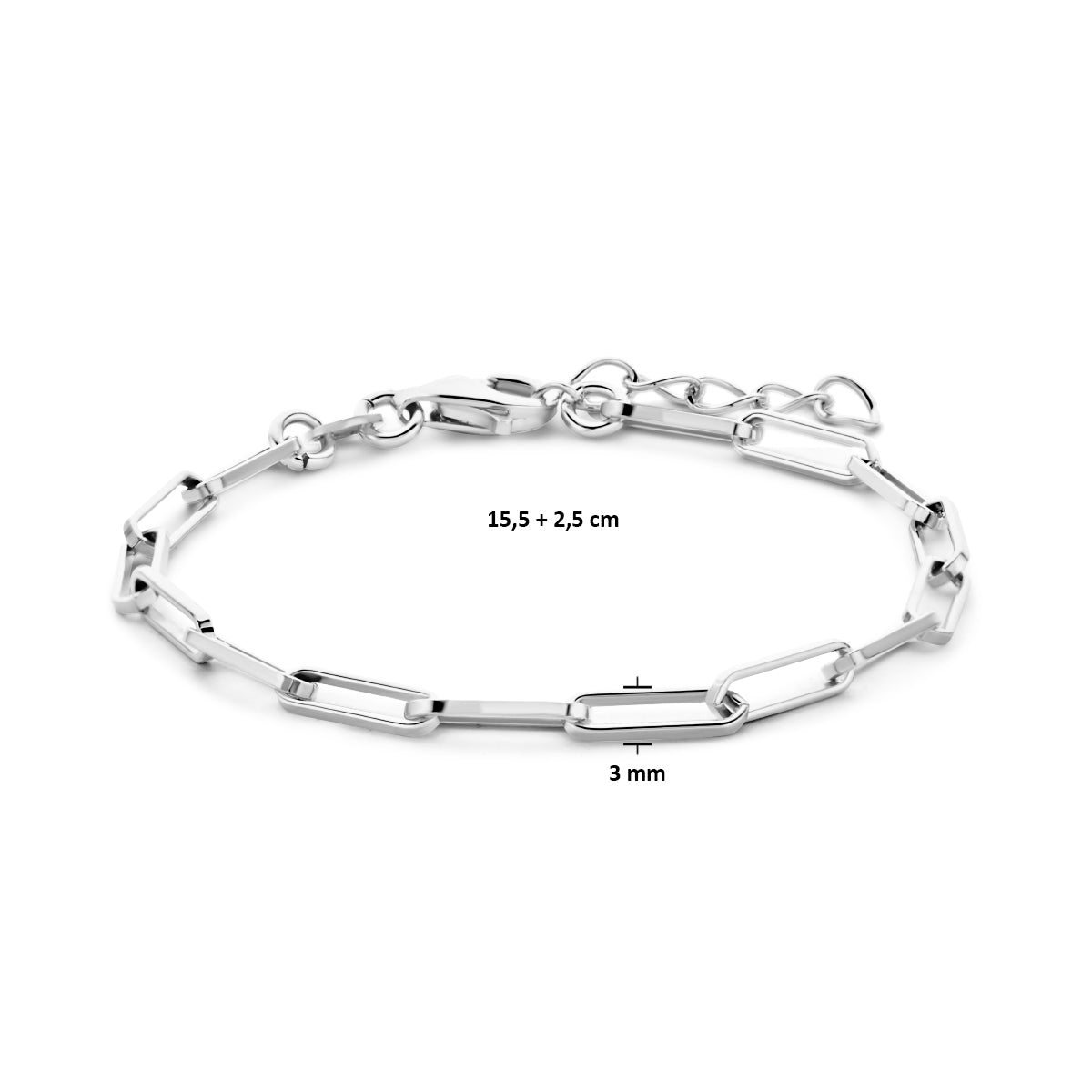 Armband Büroklammer Vierkantrohr 3,0 mm 15,5 + 2,5 cm Silber rhodiniert