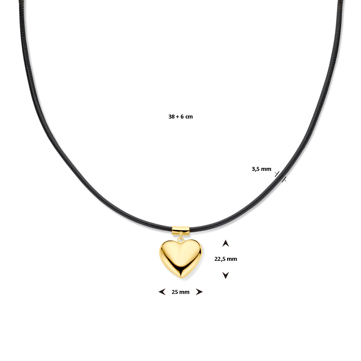 collier hart 38 + 6 cm 3 micron zilver verguld (met rubber/nylon/leer)