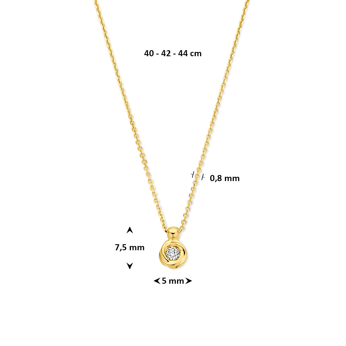 collier lab grown diamant 0.05ct g vs 40 - 42 - 44 cm 14K geelgoud - rond