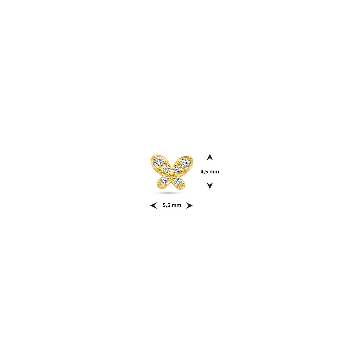flat back piercing vlinder zirkonia 4,5 mm 14K geelgoud