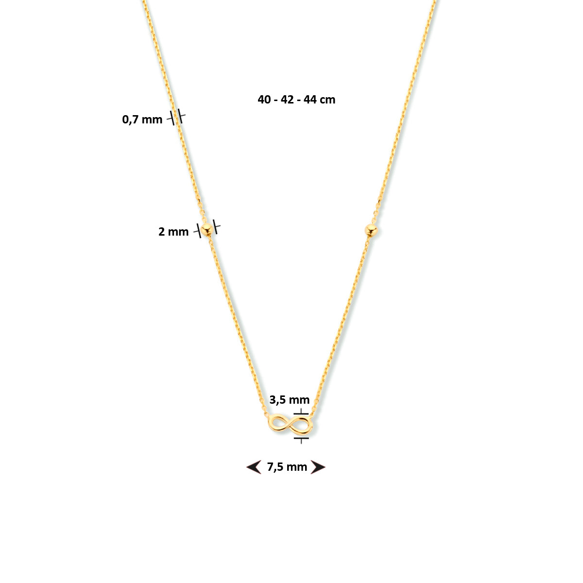 collier infinity en bolletjes 40 - 42 - 44 cm 14K geelgoud