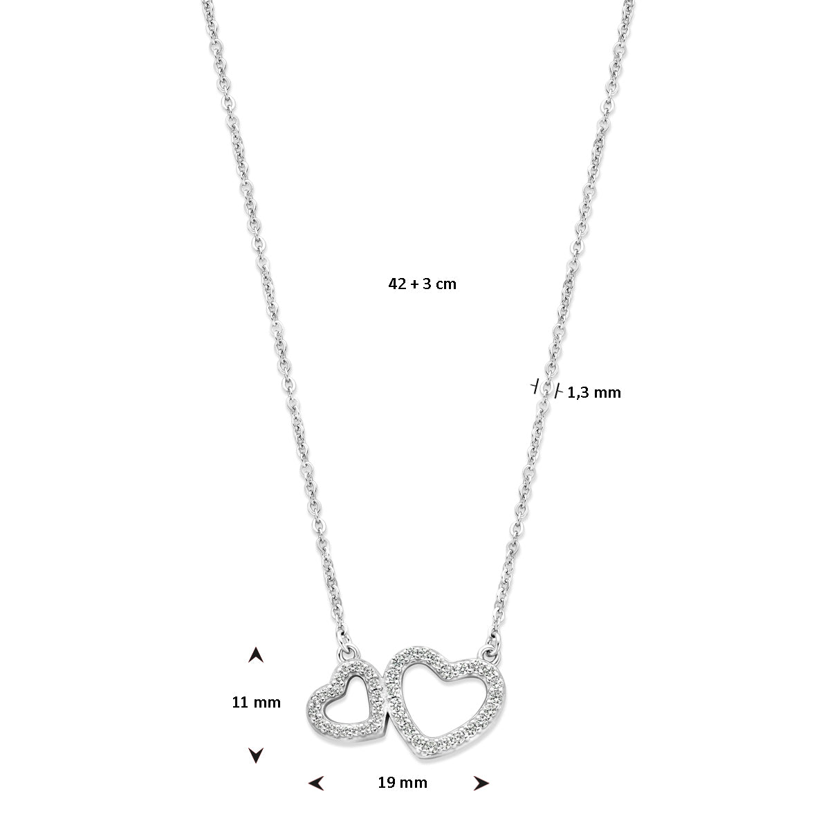 collier hartjes zirkonia 42 + 3 cm zilver gerhodineerd