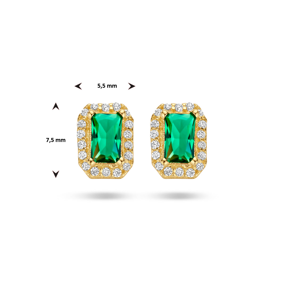 oorknoppen groen en wit zirkonia halo 14K geelgoud