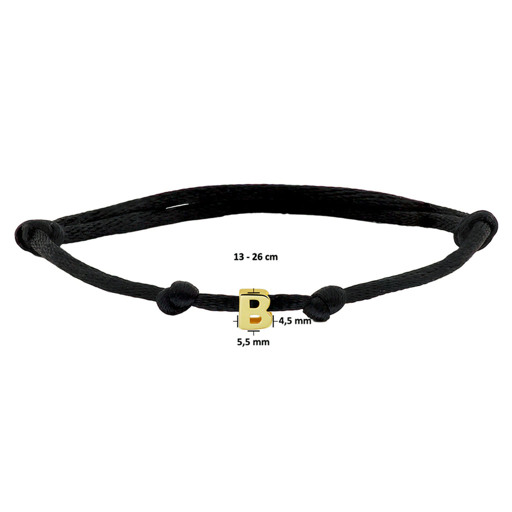 Armband Satin schwarz Buchstabe 13 - 26 cm 14K Gold mit Gummi/Nylon/Leder