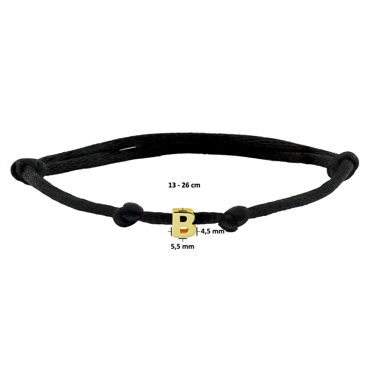 Armband Satin schwarz Buchstabe 13 - 26 cm 14K Gold mit Gummi/Nylon/Leder