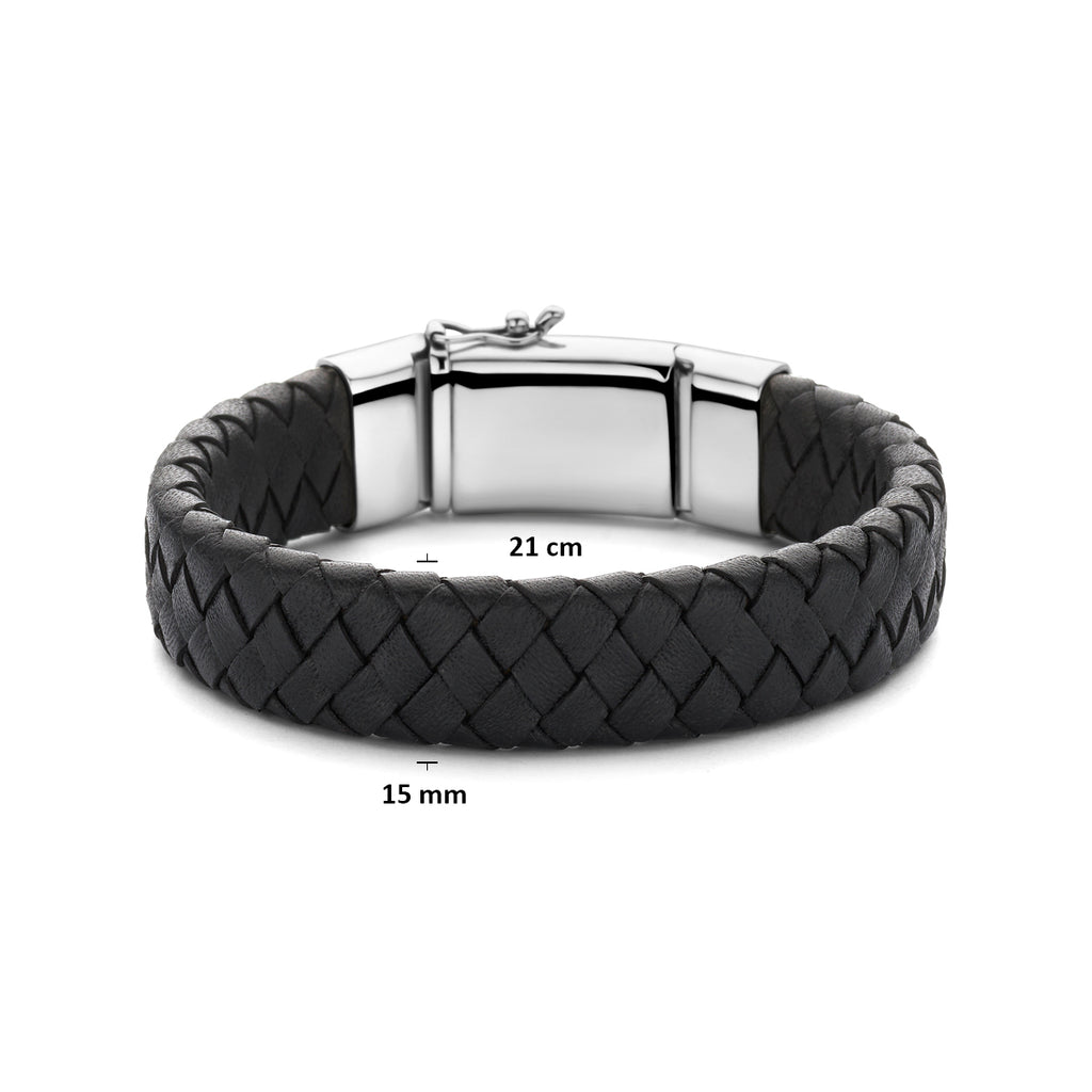 armband zwart leer 15 mm 21 cm zilver gerhodineerd