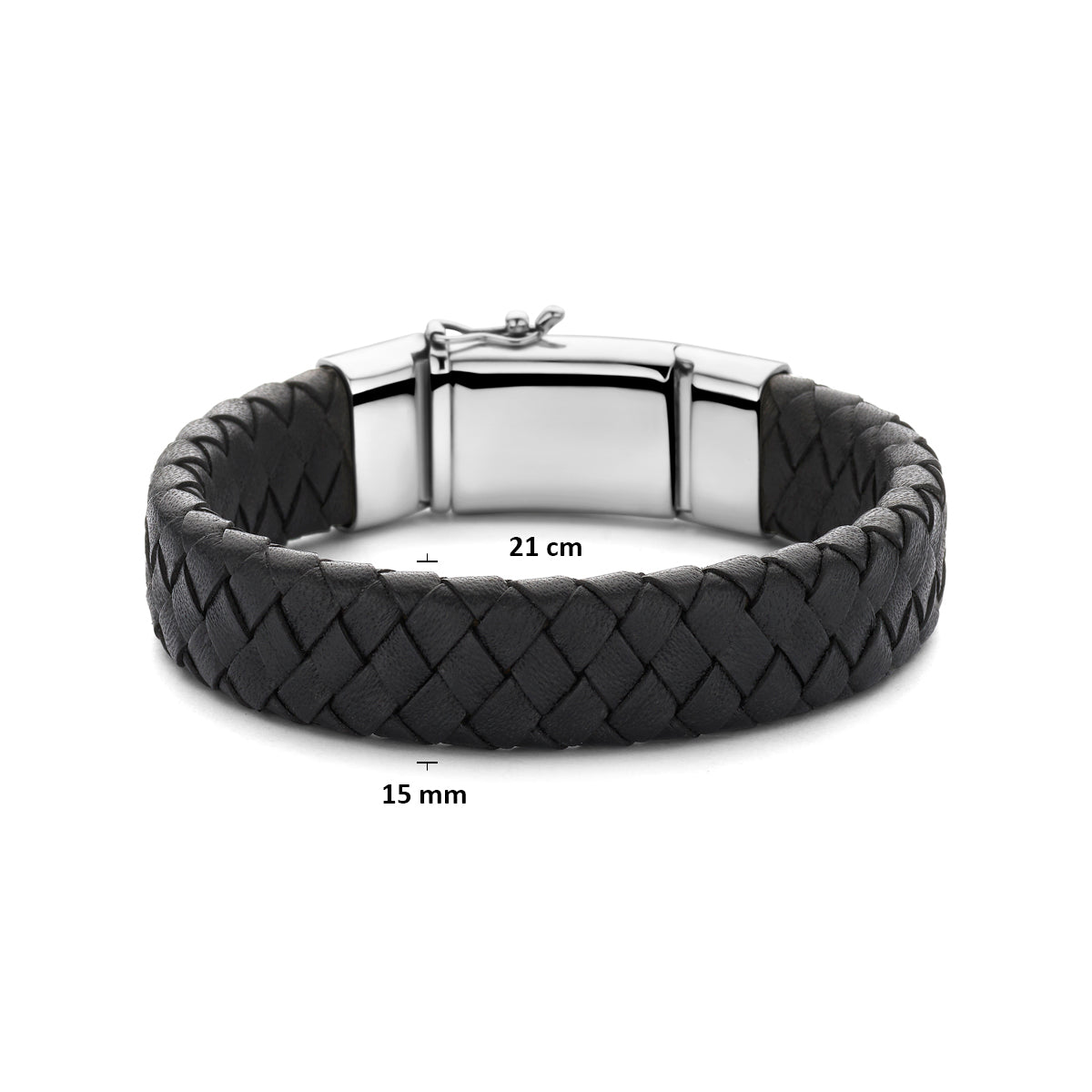armband zwart leer 15 mm 21 cm zilver gerhodineerd