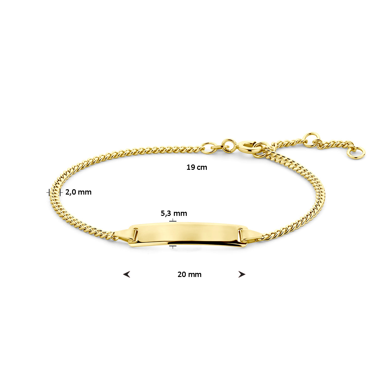 graveerarmband gourmette plaat 5,0 mm 16 - 17,5 - 19 cm 14K geelgoud - rechthoek
