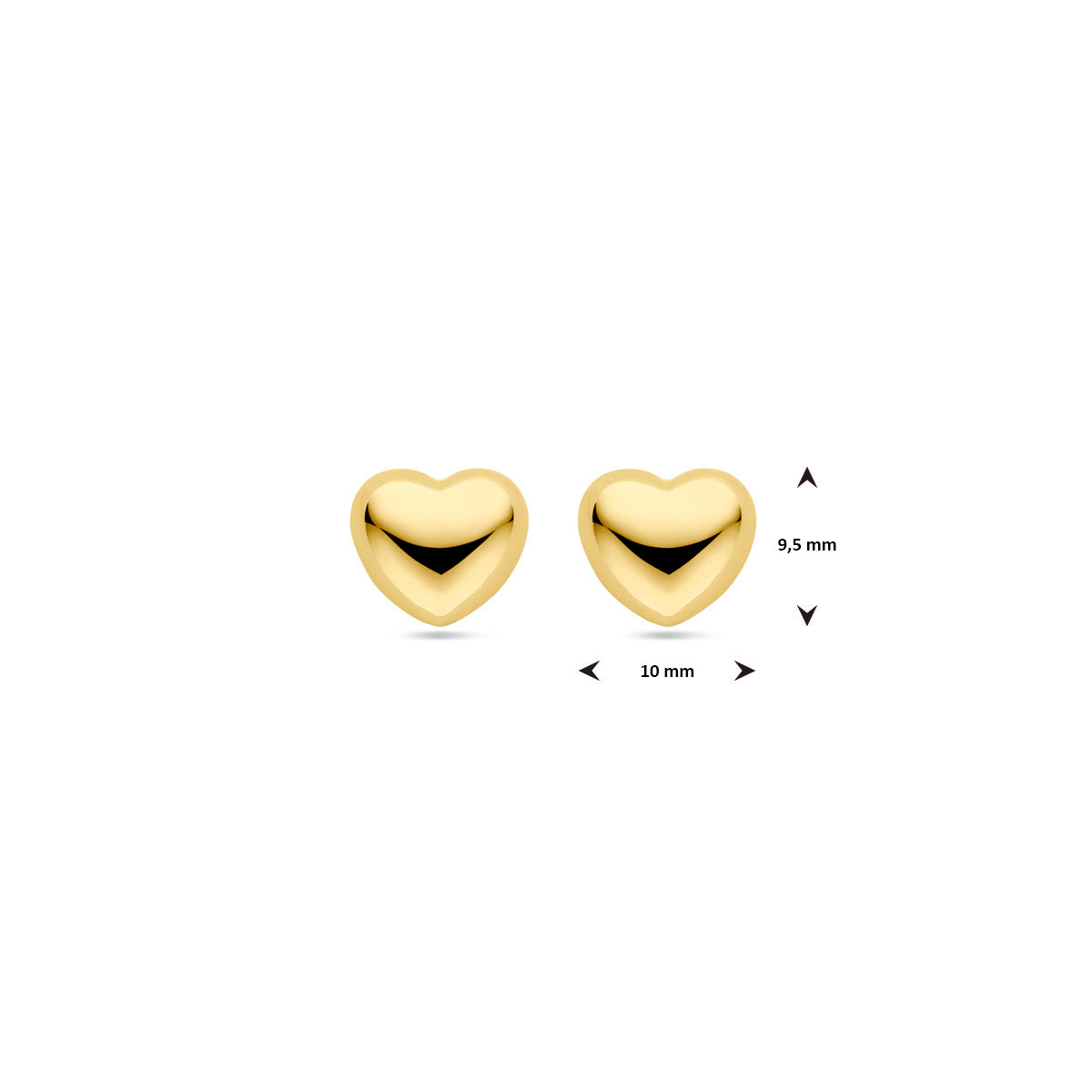 oorknoppen hartje 9,5 mm 1 micron zilver verguld (geel)
