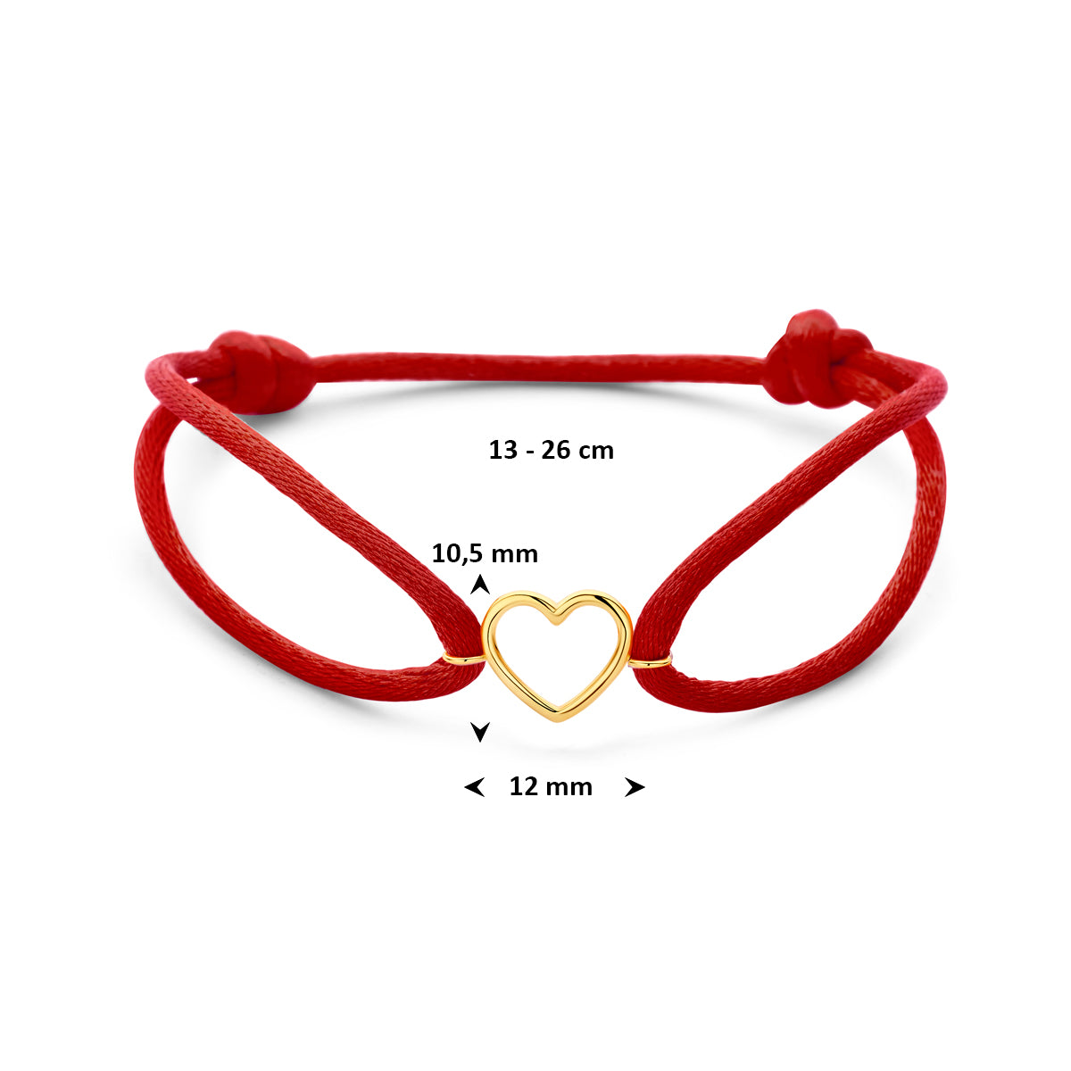 Armband rot Satins Herz 13 - 26 cm 14K Gold mit Gummi/Nylon/Leder