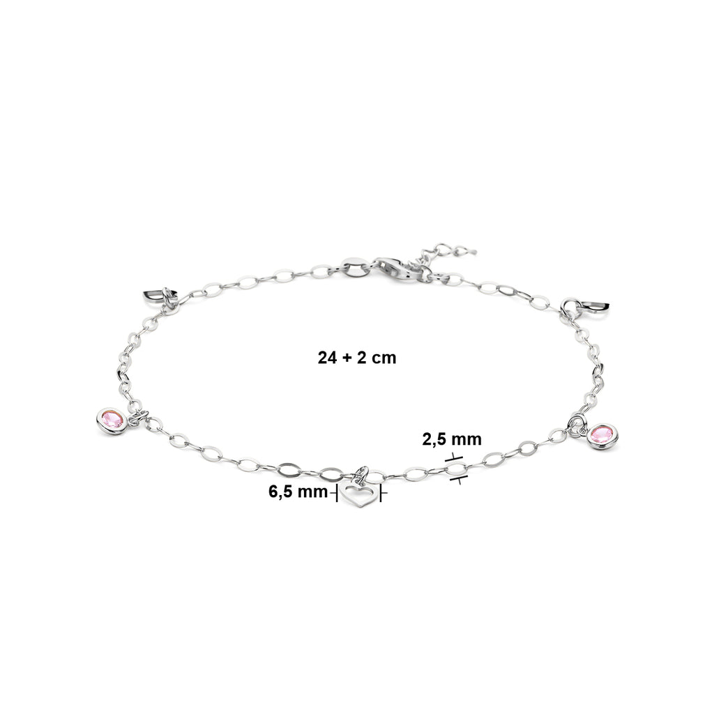Fußkettchen Herz und rosa Zirkonia 24 + 2 cm Silber rhodiniert