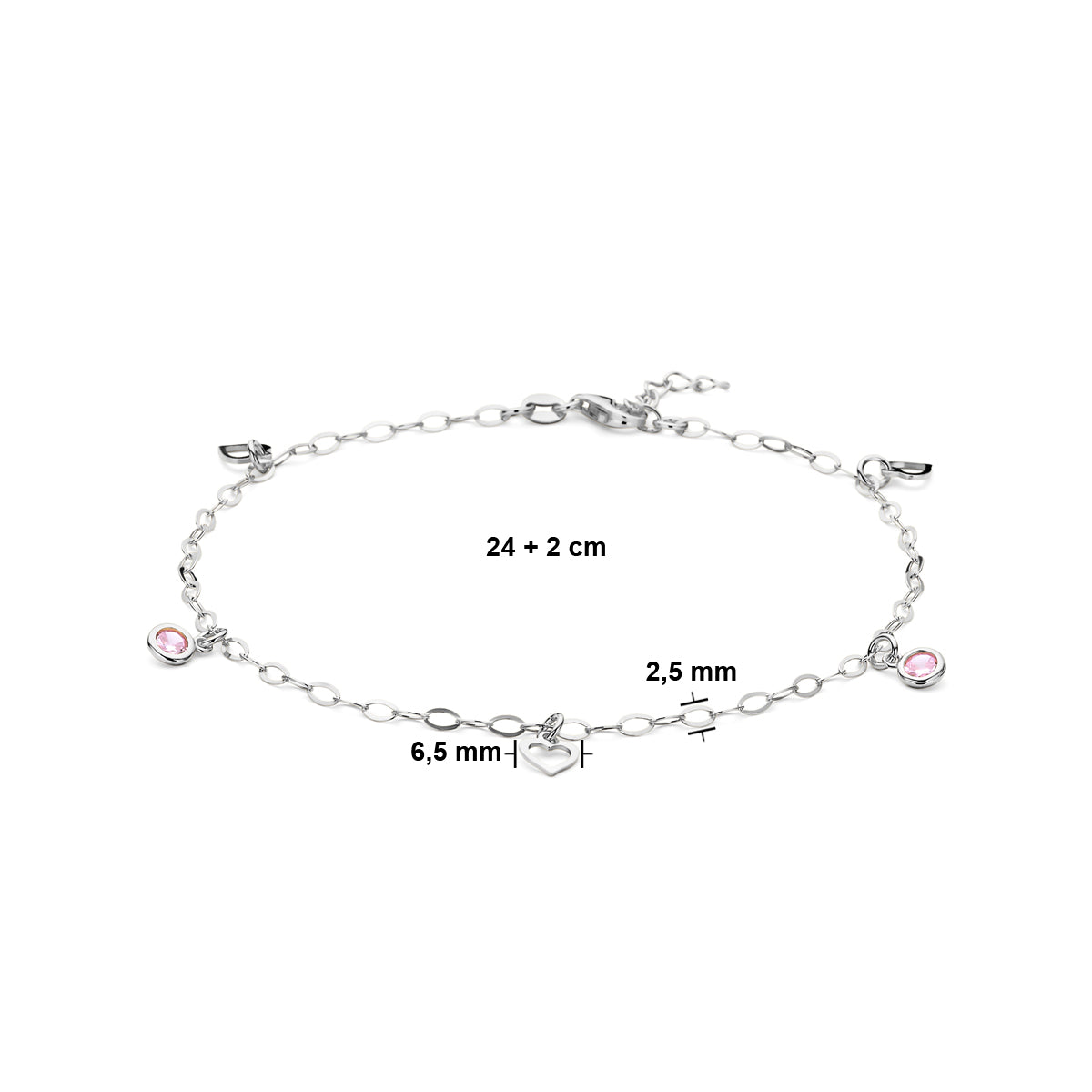 Fußkettchen Herz und rosa Zirkonia 24 + 2 cm Silber rhodiniert