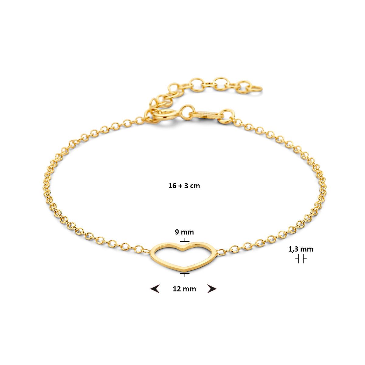 Armband Herz 16 + 3 cm 3 Mikron Silber vergoldet (gelb)