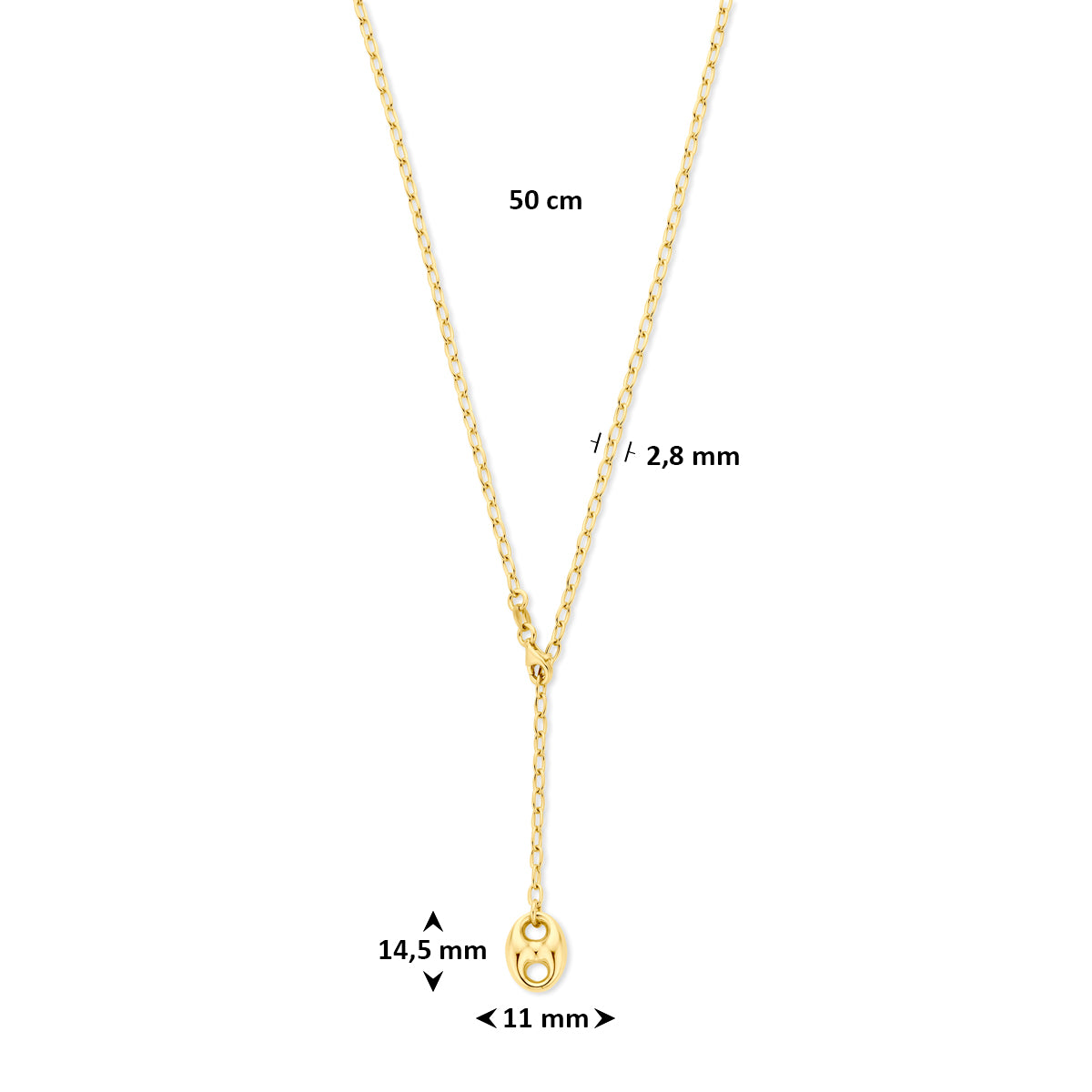 y-collier koffieboon 50 cm 3 micron zilver verguld (geel)
