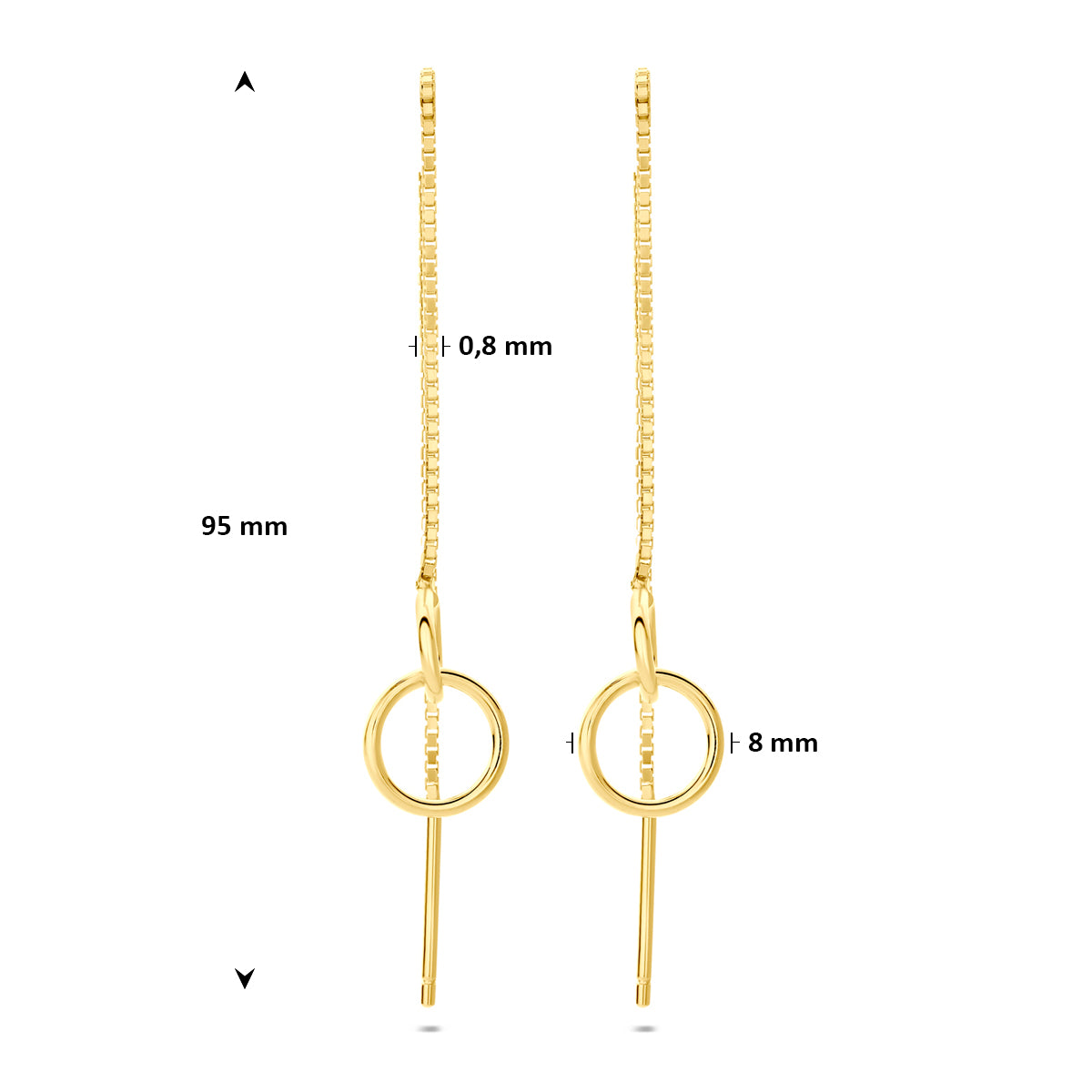 doortrekoorbellen ringetjes 95 mm 1 micron zilver verguld (geel) - rondje,bolletje,ringetje,draad