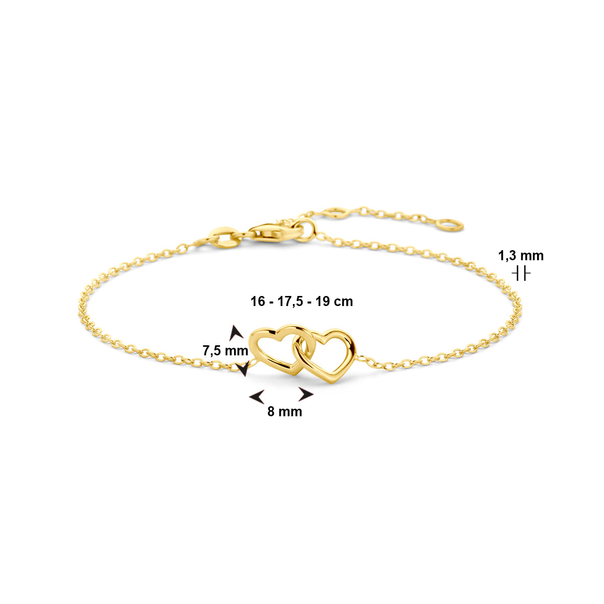 armband hartjes 16 - 17,5 - 19 cm 14K geelgoud