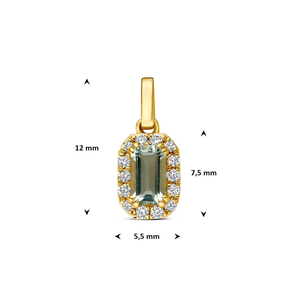 hanger groen amethist en lab grown diamant 0.08ct f vs 7,5 mm 14K geelgoud