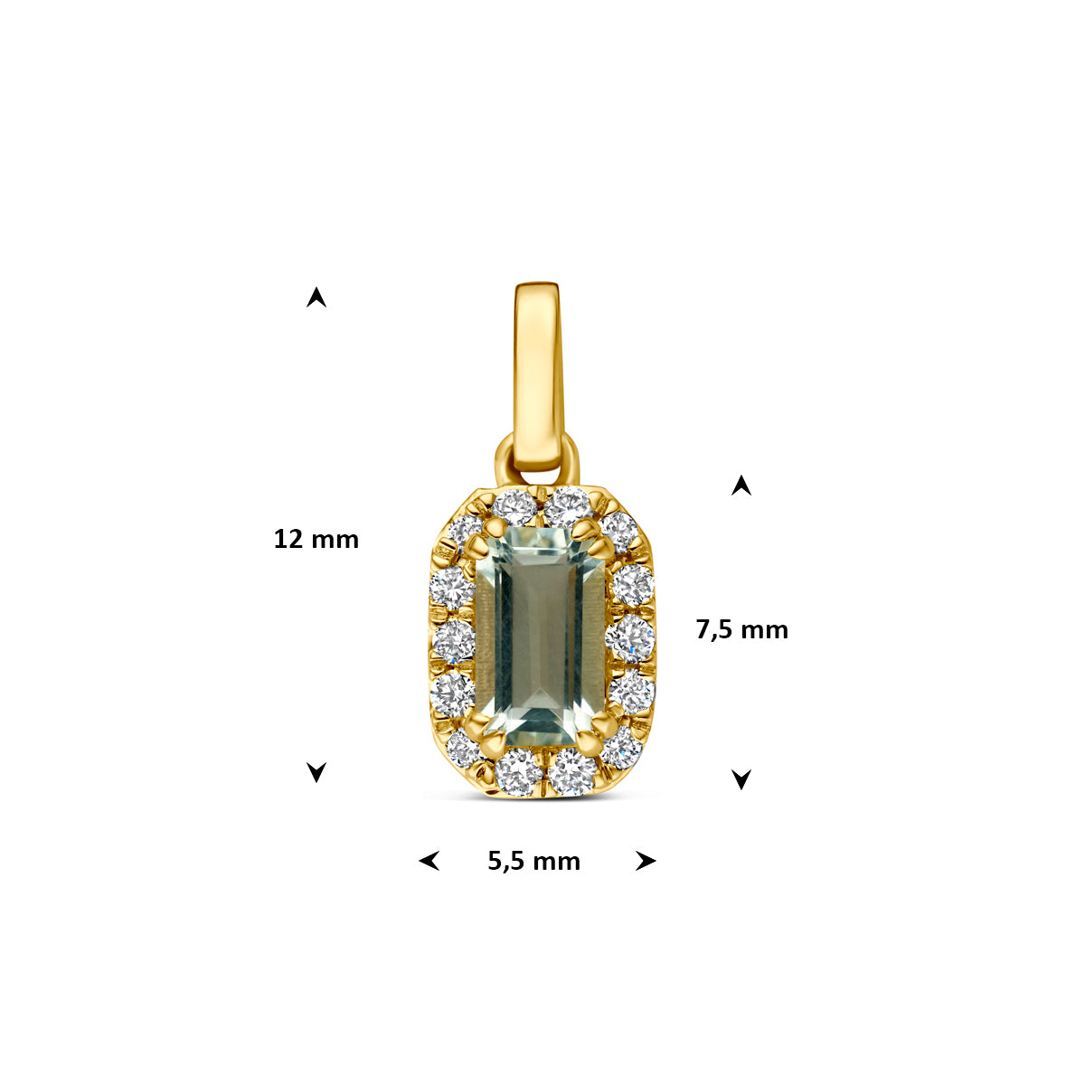 hanger groen amethist en lab grown diamant 0.08ct f vs 7,5 mm 14K geelgoud