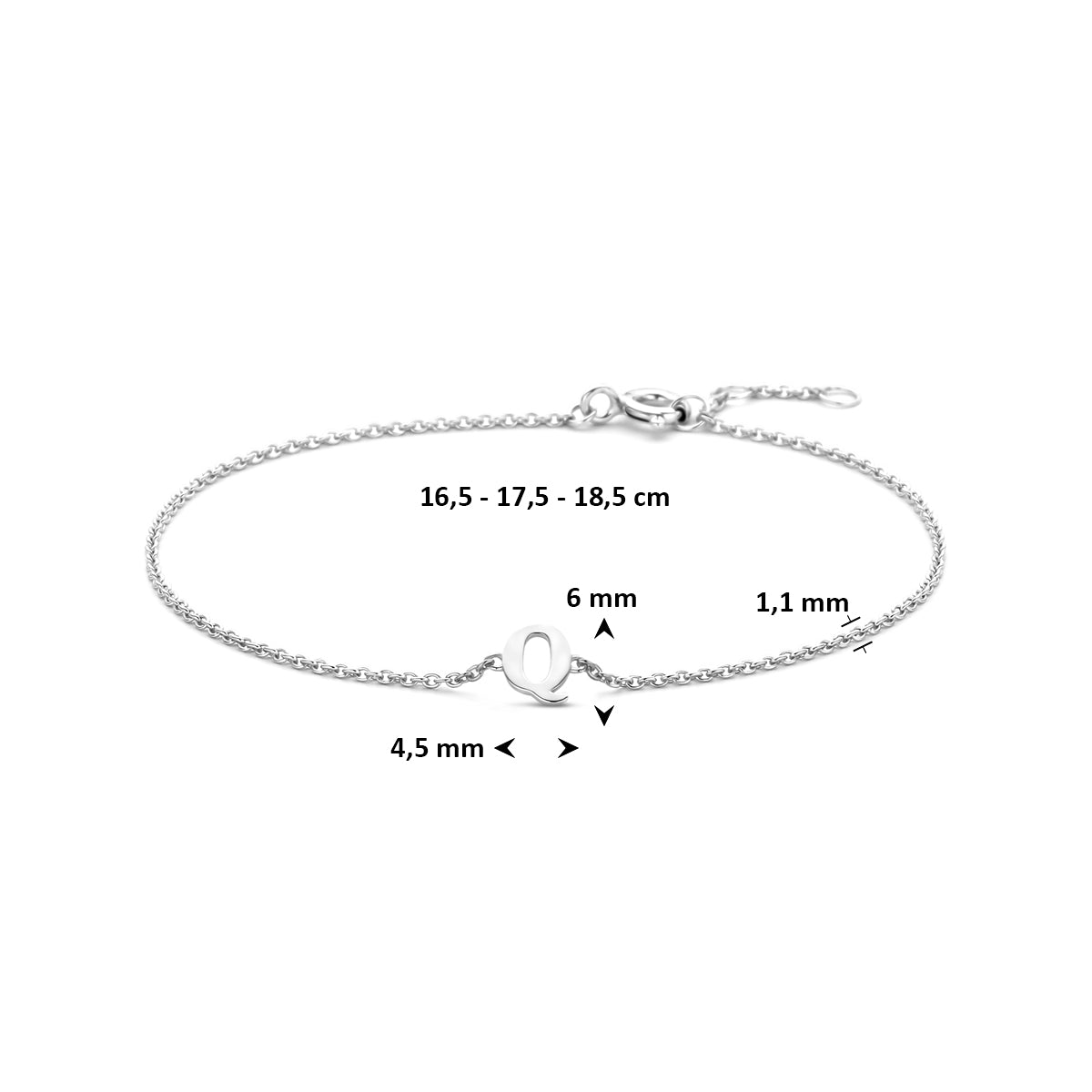 armband letter 16,5 - 17,5 - 18,5 cm zilver gerhodineerd
