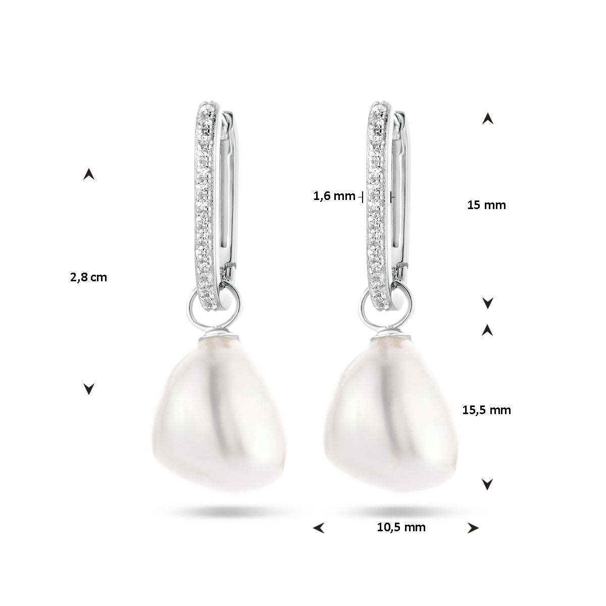 oorringen paperclip barok parel en zirkonia zilver gerhodineerd