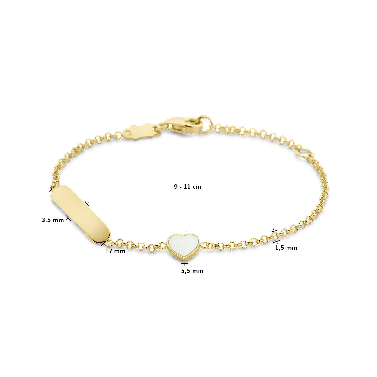 Gravurarmband Herz aus Perlmutt und Plättchen 1,5 mm 14K Gelbgold