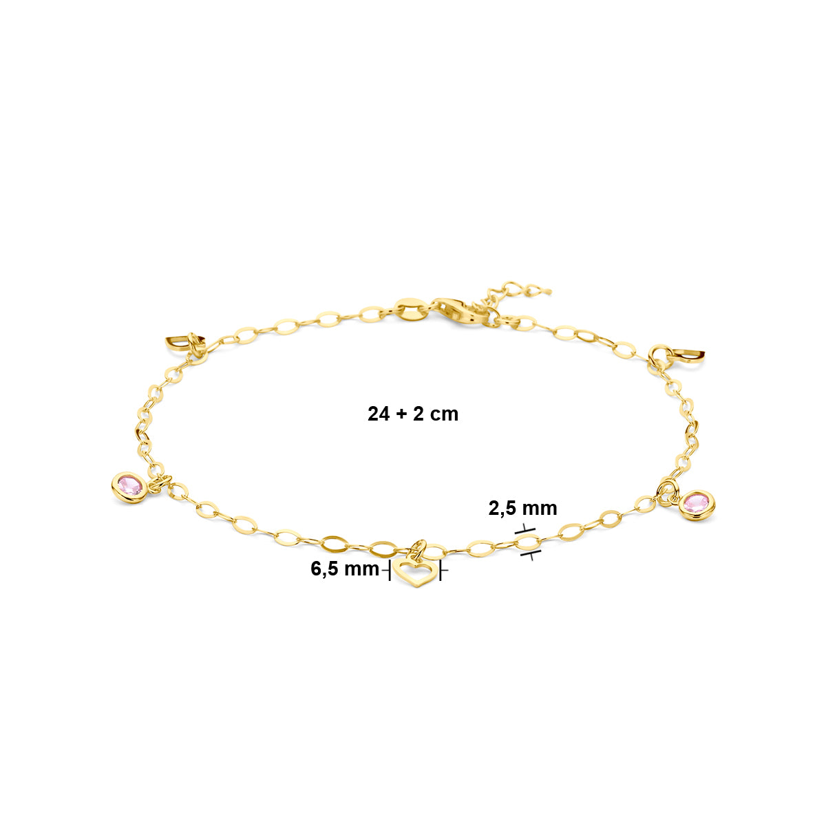 Fußkettchen Herz und rosa Zirkonia 24 + 2 cm 3 Mikron Silber vergoldet (gelb)