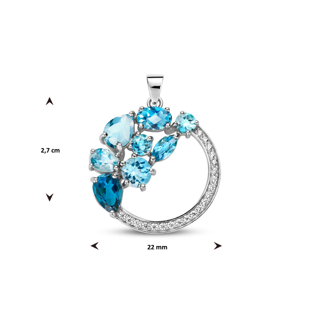hanger rondje blauw topaas en zirkonia zilver gerhodineerd