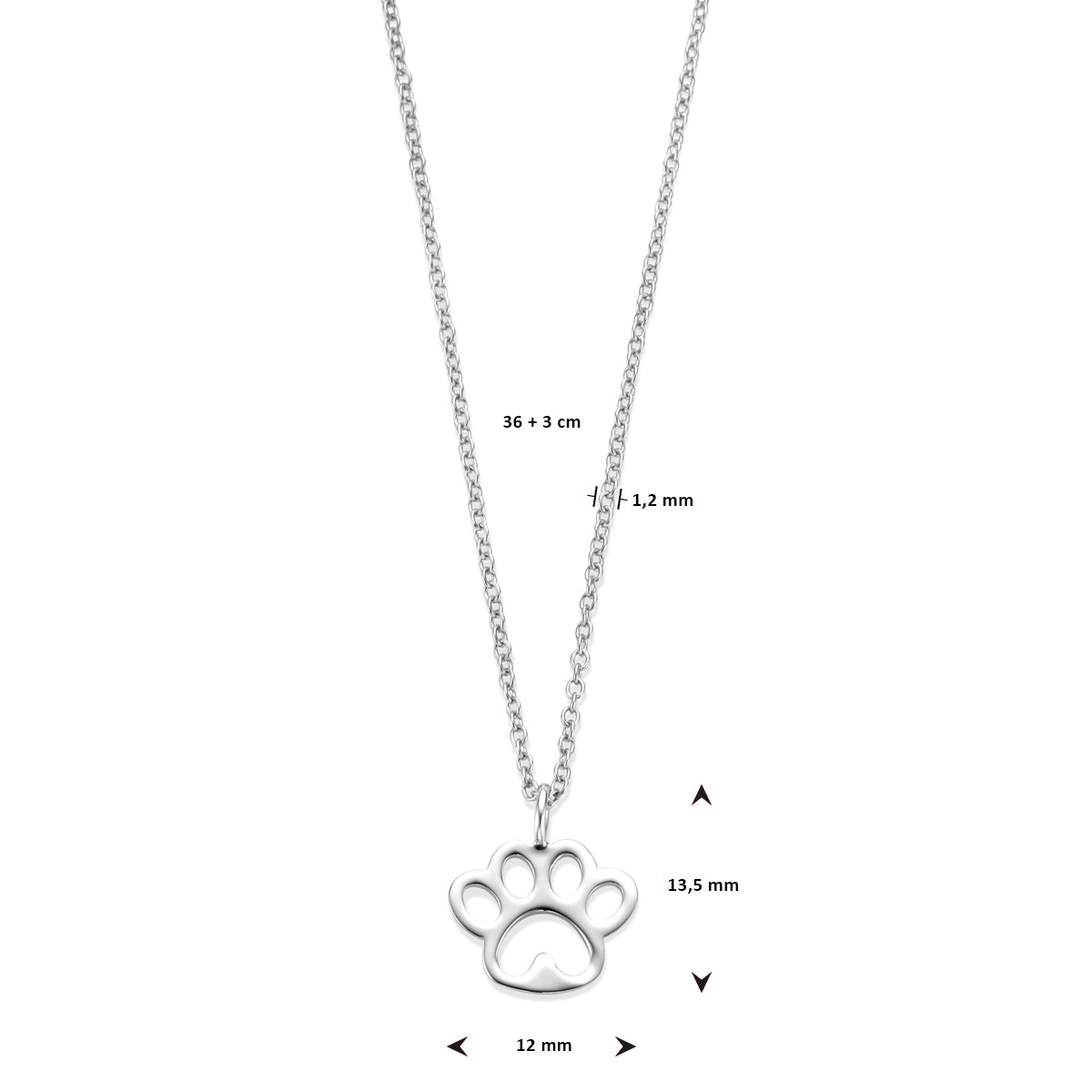 collier hondenpoot 36 + 3 cm zilver gerhodineerd
