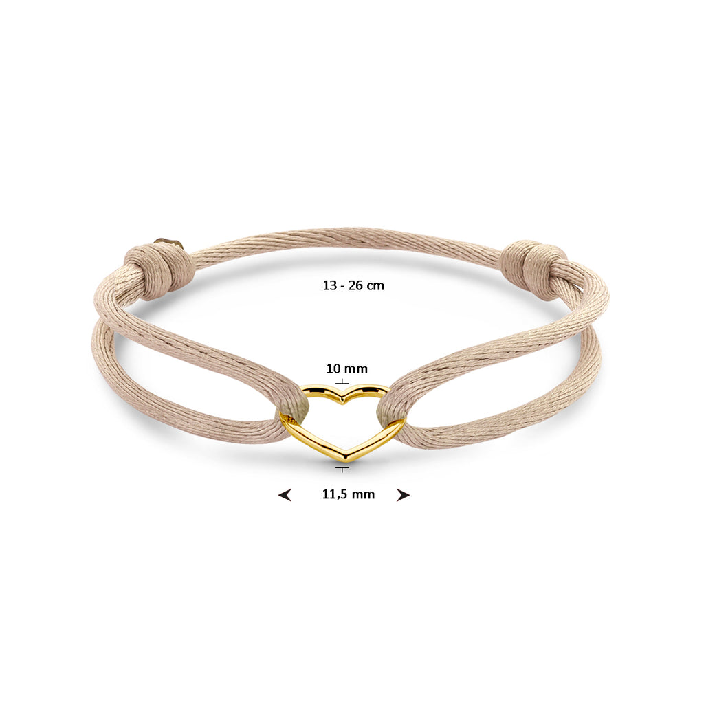 armband satijn beige hart 13 - 26 cm 14K goud met rubber/nylon/leer