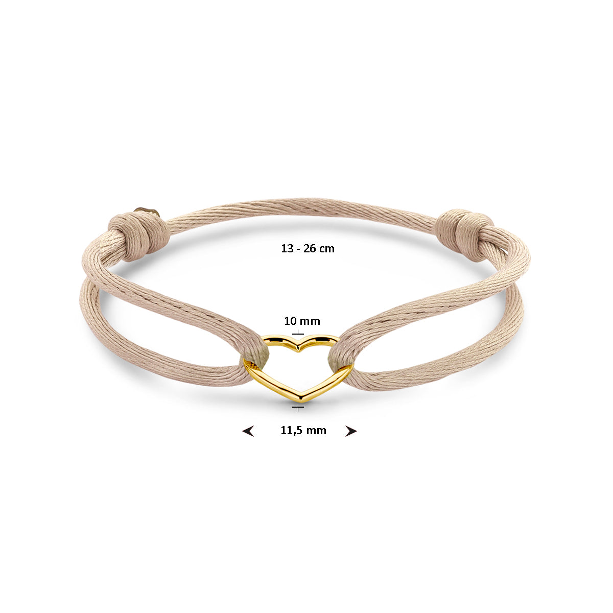 armband satijn beige hart 13 - 26 cm 14K goud met rubber/nylon/leer