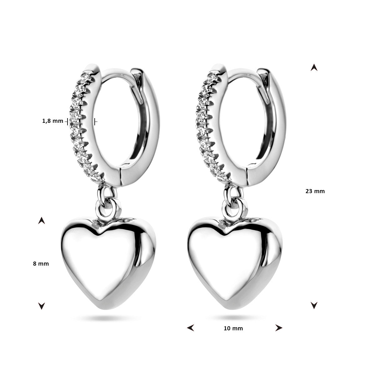 klapoorringen hart zirkonia zilver gerhodineerd
