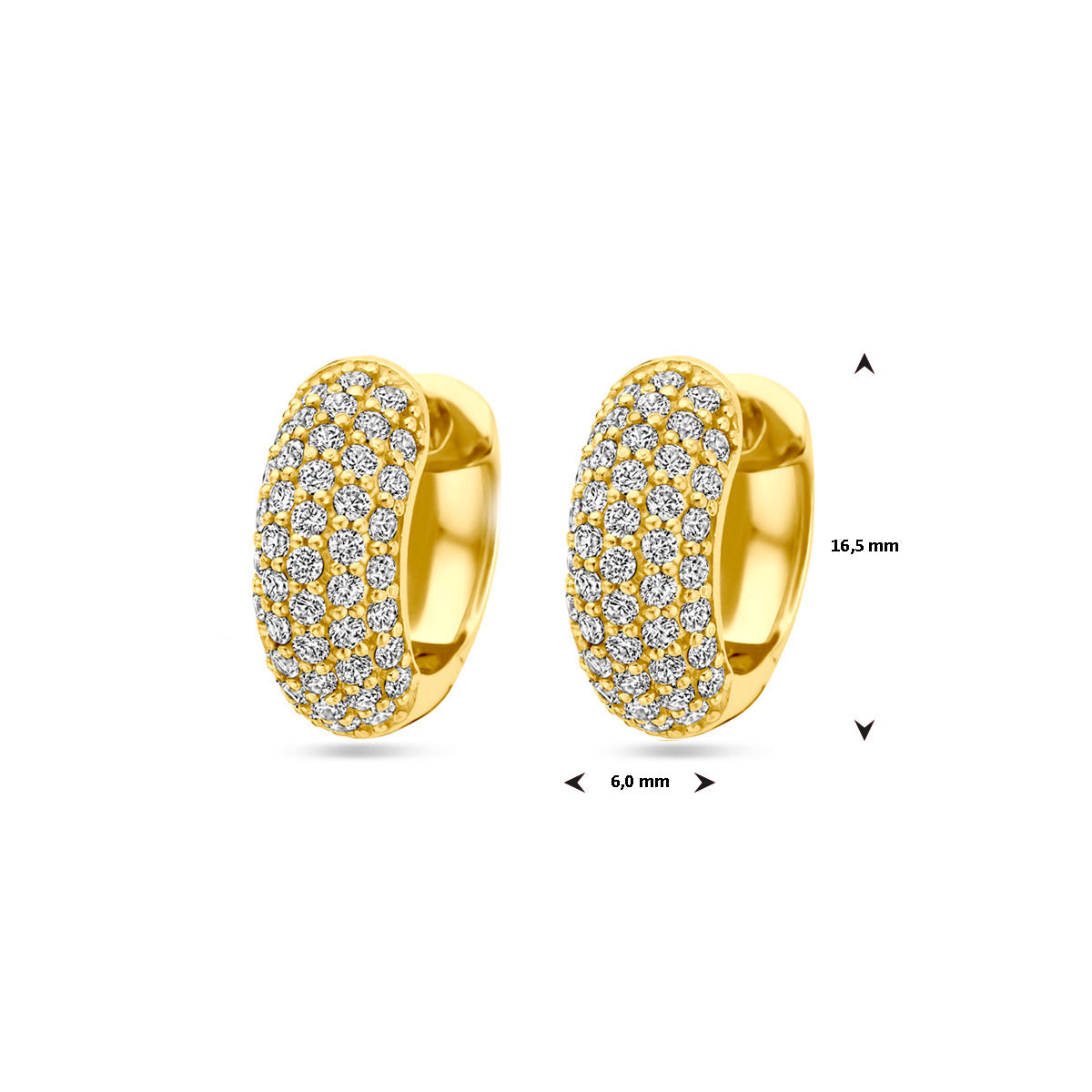 klapoorringen zirkonia 16 mm 1 micron zilver verguld (geel)