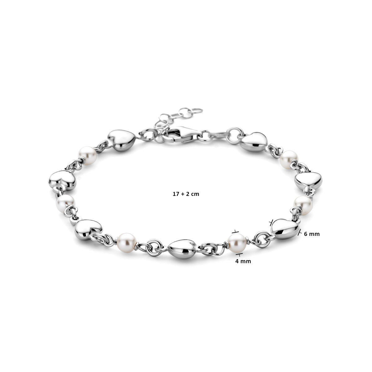 Armband Herzen und Swarovski Perlen 17 + 2 cm Silber rhodiniert